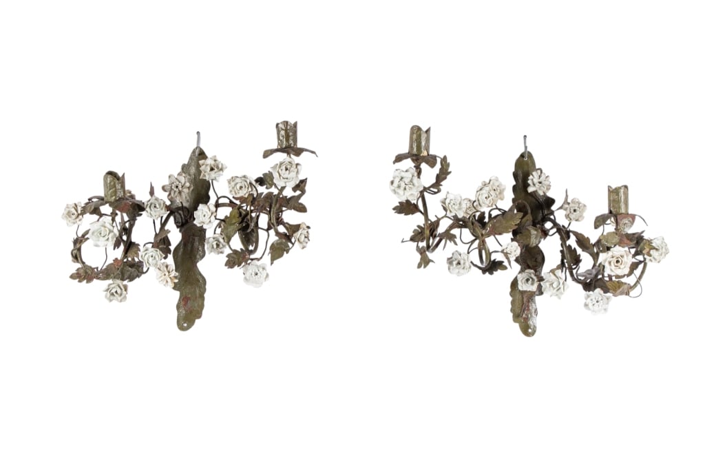 PAIR OF LOUIS XV STYLE TOLE SCONCES: Pair of Louis XV style tole sconces. Approximate dimensions: h. 11.5", w. 16.5", d. 6.5" Disclaimer: Participating bidders must have a credit card on file with LiveAuctioneers in order for their biddi