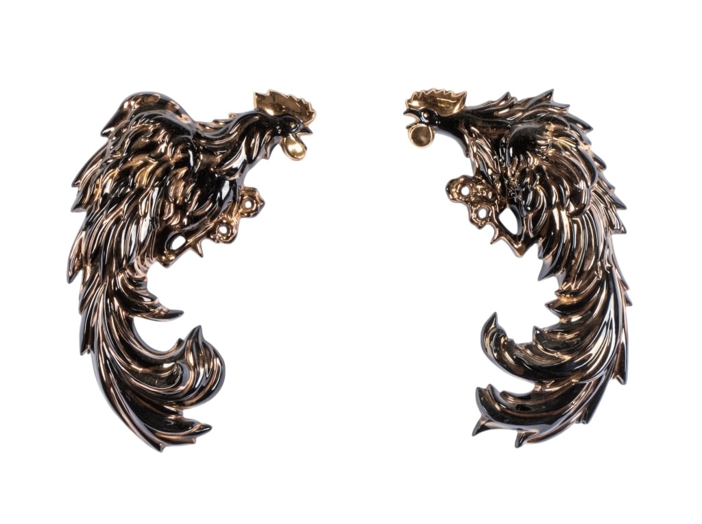 PAIR OF VINTAGE CERAMIC ROOSTERS: Pair of vintage ceramic roosters. Approximate dimensions: h. 19.5", w. 9", d. 0.5" Disclaimer: Participating bidders must have a credit card on file with LiveAuctioneers in order for their bidding