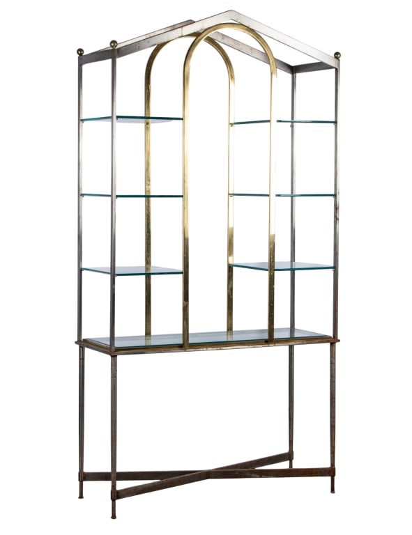 MODERN GLASS & METAL ETAGERE: Modern glass & metal etagere. Approximate dimensions: h. 81", w. 42", d. 16" Disclaimer: Participating bidders must have a credit card on file with LiveAuctioneers in order for their bidding