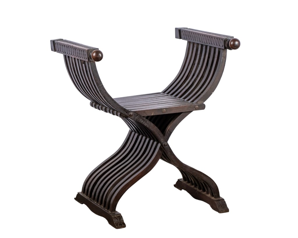 ITALIAN RENAISSANCE REVIVAL SAVONAROLA CHAIR: Italian Renaissance revival Savonarola folding chair. Approximate dimensions: h. 29", w. 25.5", d. 21" Disclaimer: Participating bidders must have a credit card on file with LiveAuctioneers in order