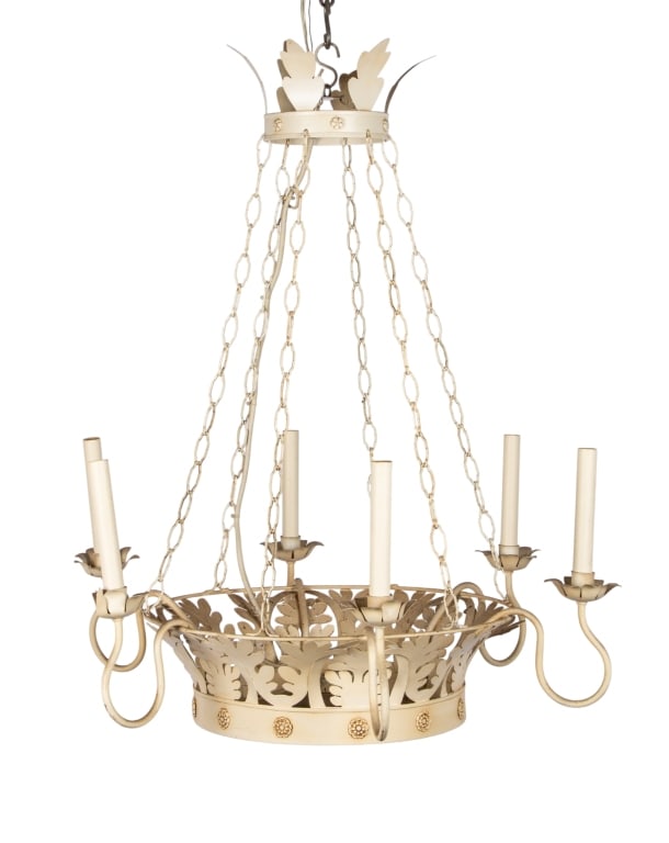 MODERN MEDIEVAL-INSPIRED METAL CHANDELIER: Modern Medieval inspired 6 light metal chandelier with floral rosettes. Approximate dimensions: h. 34", dia. 30" Disclaimer: Participating bidders must have a credit card on file with LiveAuctioneers
