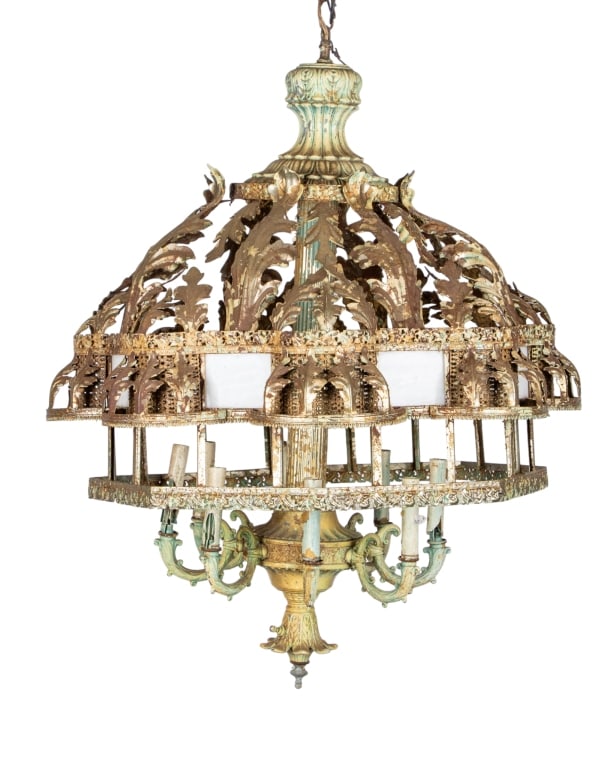 VINTAGE FILIGREE METAL & GLASS CHANDELIER: Vintage filigree metal & glass chandelier. Approximate dimensions: h. 32", dia. 27" Disclaimer: Participating bidders must have a credit card on file with LiveAuctioneers in order for their bidding re