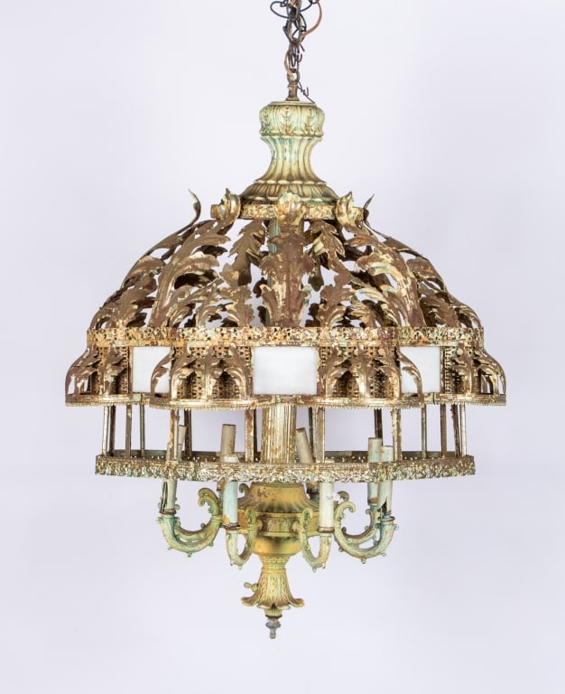 VINTAGE FILIGREE METAL & GLASS CHANDELIER - 2
