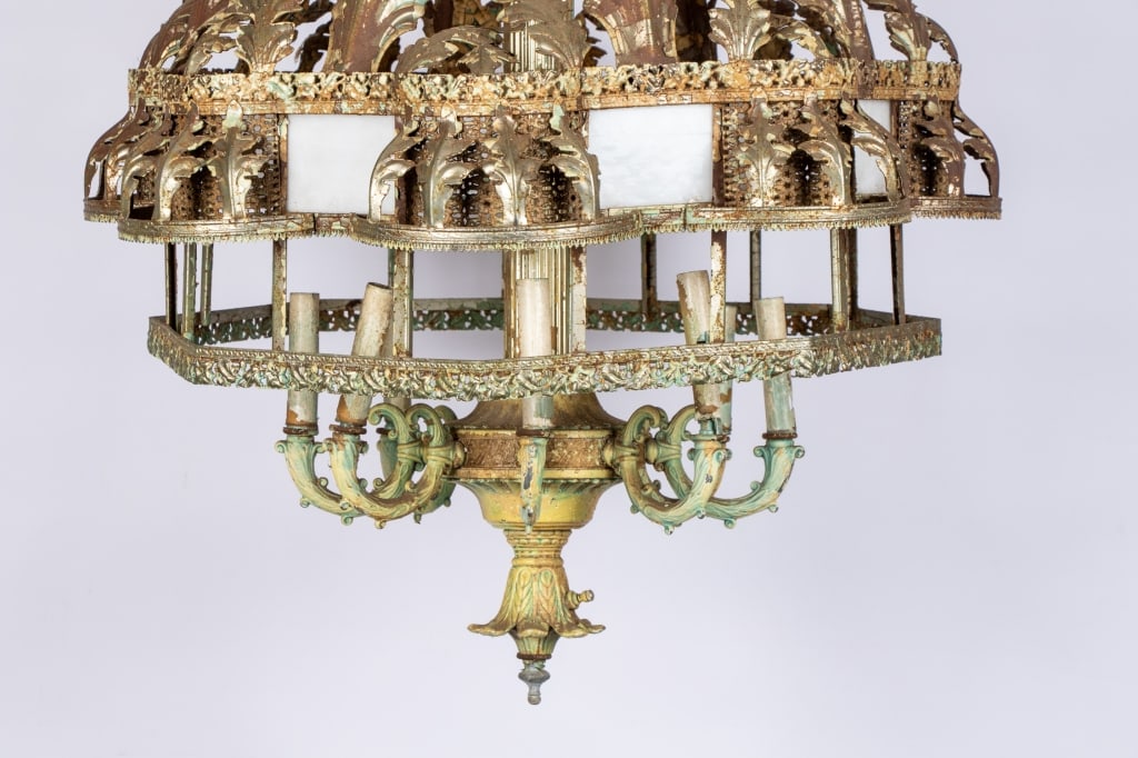 VINTAGE FILIGREE METAL & GLASS CHANDELIER - 5