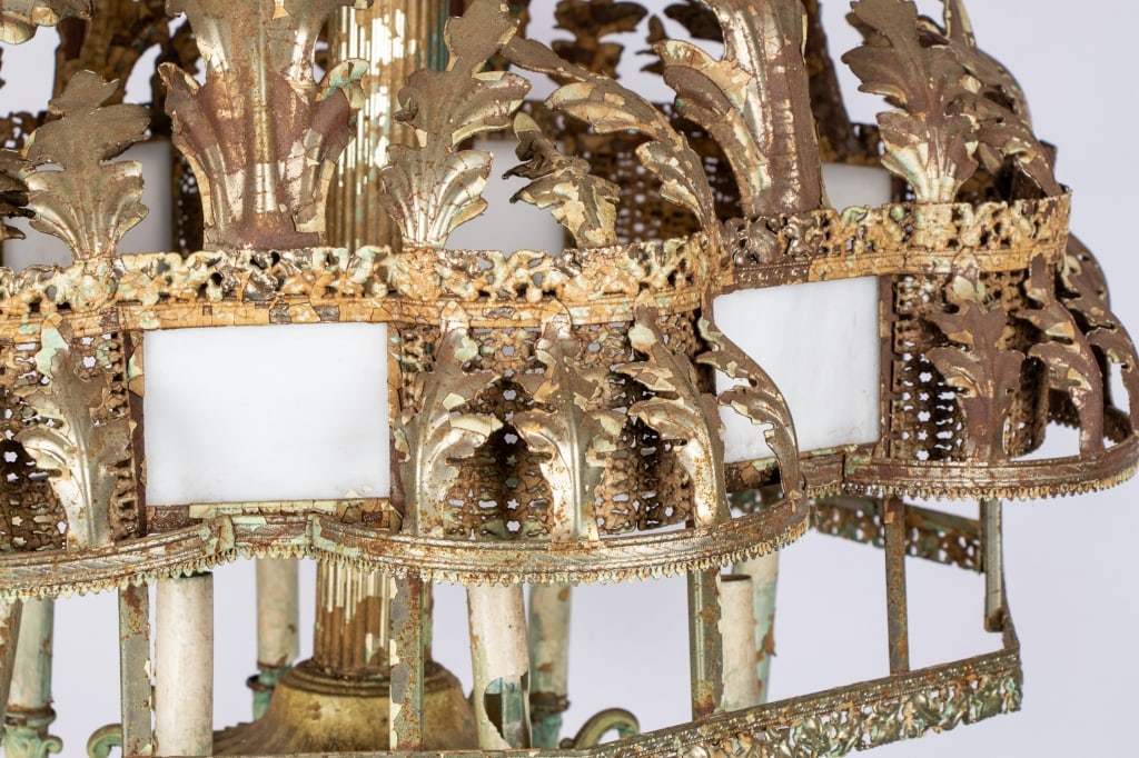 VINTAGE FILIGREE METAL & GLASS CHANDELIER - 6