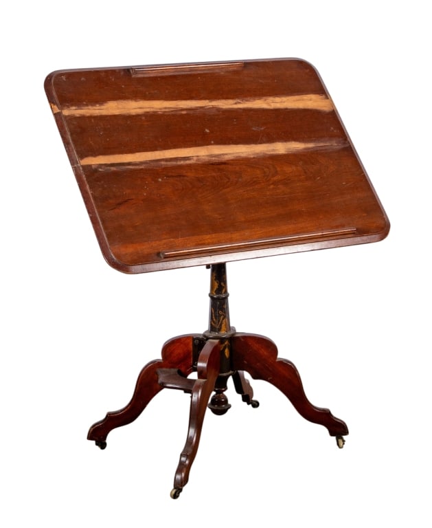 CLOWES & GATES WALNUT MECHANICAL TABLE: Clowes & Gates walnut mechanical table with castered legs and hand-painted accents. Approximate dimensions: h. 24", w. 32", d. 30" Disclaimer: Participating bidders must have a credit card on file