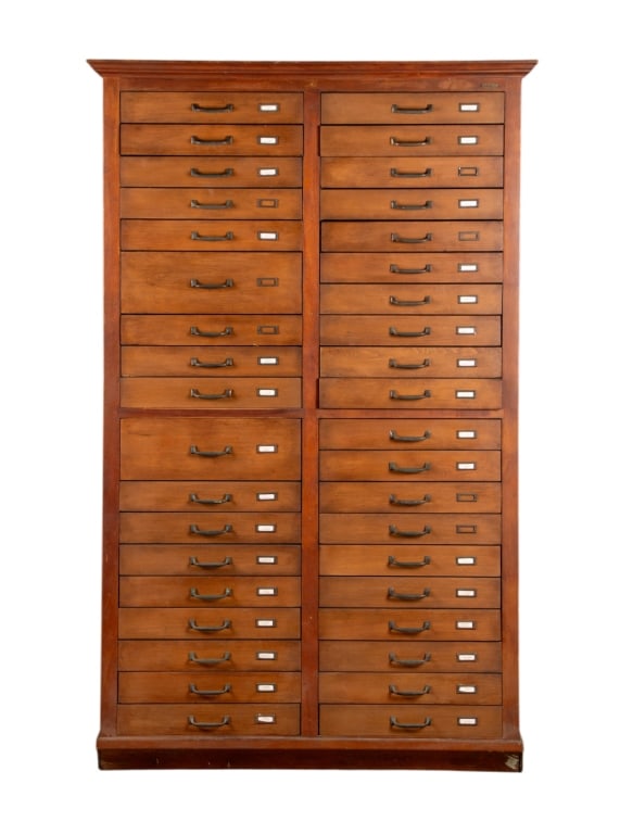 20TH CENTURY 38-DRAWER OAK FILE CABINET: 20th century. 38-drawer oak file cabinet. Approximate dimensions: h. 71.5", w. 41.5", d. 27" Disclaimer: Participating bidders must have a credit card on file with LiveAuctioneers in order for their