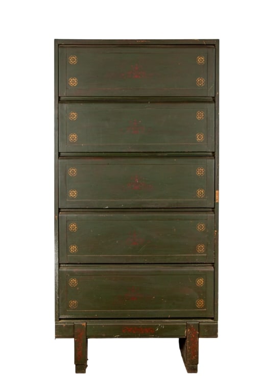 MID-CENTURY RAF STAVERTON PAINTED CABINET: Mid-Century RAF Staverton painted cabinet with 5 drawers. Marked to the back. Approximate dimensions: h. 73.5", w. 36.5", d. 15" Disclaimer: Participating bidders must have a credit card on file with
