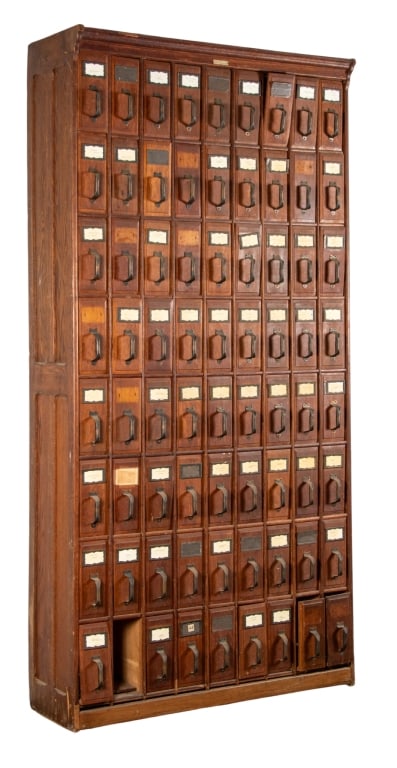 THE OFFICE SPECIALTY CO. 72-DRAWER FILE CABINET: The Office Specialty Co. 72-drawer file cabinet. Approximate dimensions: h. 101", w. 49.5", d. 16" Disclaimer: Participating bidders must have a credit card on file with LiveAuctioneers in order for