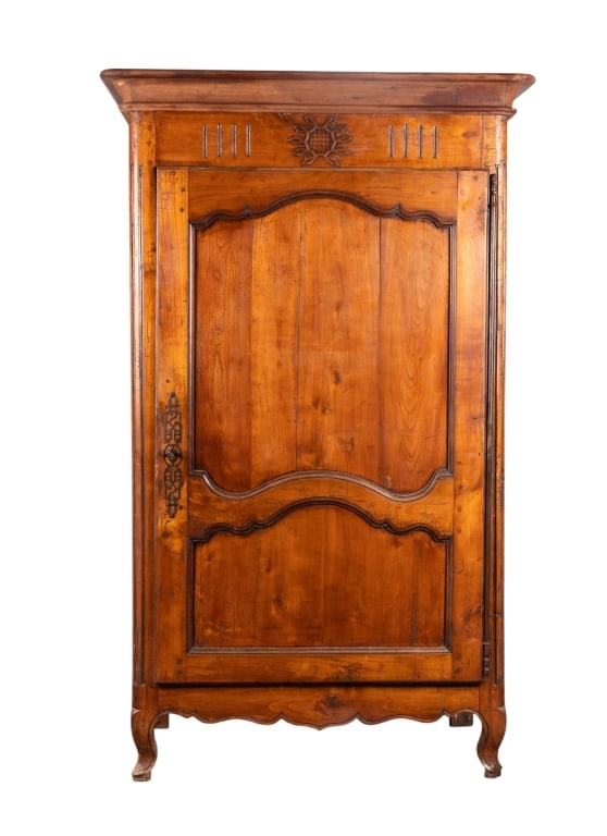 19TH C. FRENCH LOUIS XV STYLE BONNETIERE: French, 19th century. Louis XV style bonnetiere with inset carved panels, floral motif medallion, and carved apron. Approximate dimensions: h. 72", w. 44", d. 24" Disclaimer: Participating bidders mus