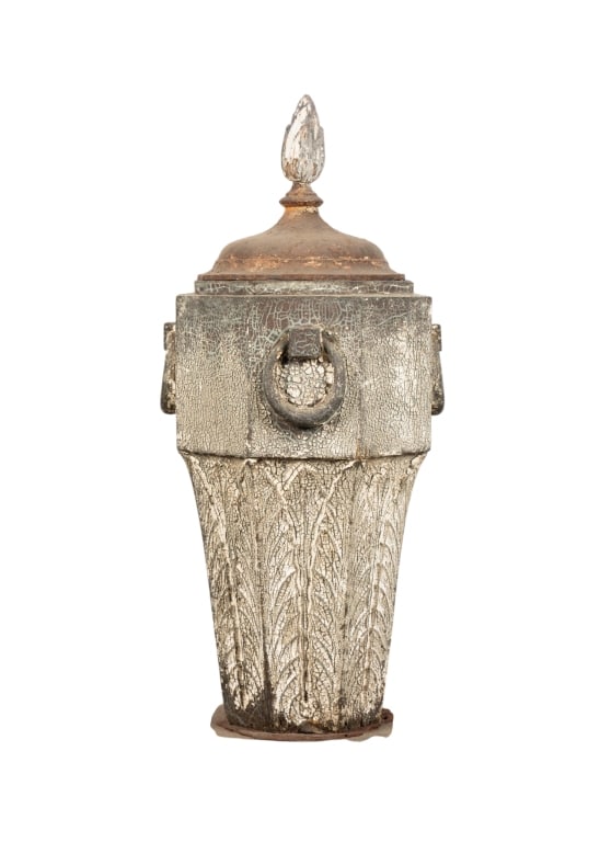VINTAGE LIDDED GARDEN URN: Vintage lidded garden urn with cast iron lid. Approximate dimensions: h. 43.5", w. 17", d. 17" Disclaimer: Participating bidders must have a credit card on file with LiveAuctioneers in order for their