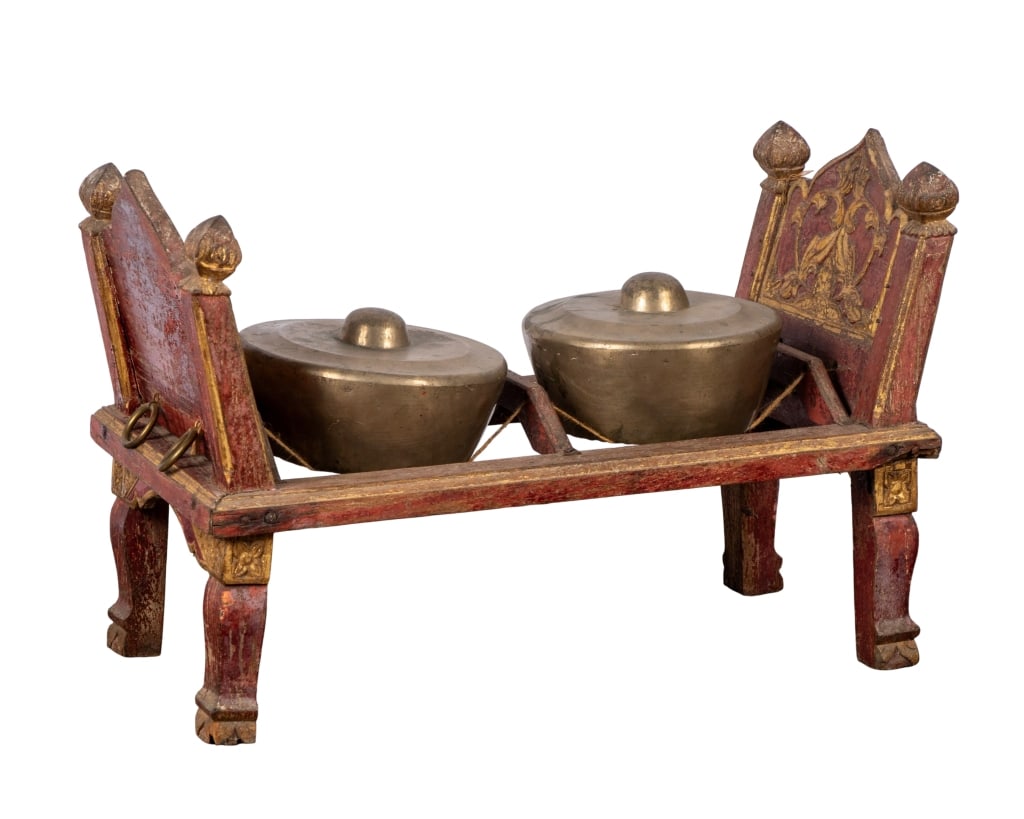 VINTAGE INDONESIAN TRADITIONAL GONG: Vintage Indonesian traditional gong. Approximate dimensions: h. 18", w. 27", d. 12" Disclaimer: Participating bidders must have a credit card on file with LiveAuctioneers in order for their bidding
