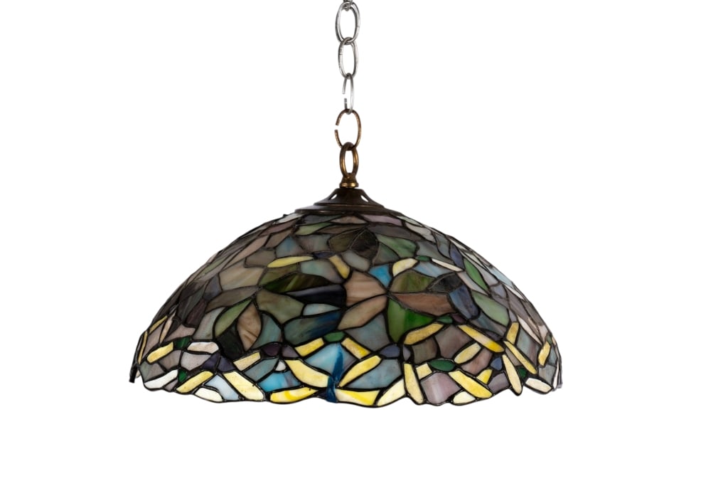 TIFFANY STYLE FLORAL PENDANT LIGHT: Tiffany style floral pendant light. Approximate dimensions: h. 9", dia. 16" Disclaimer: Participating bidders must have a credit card on file with LiveAuctioneers in order for their bidding