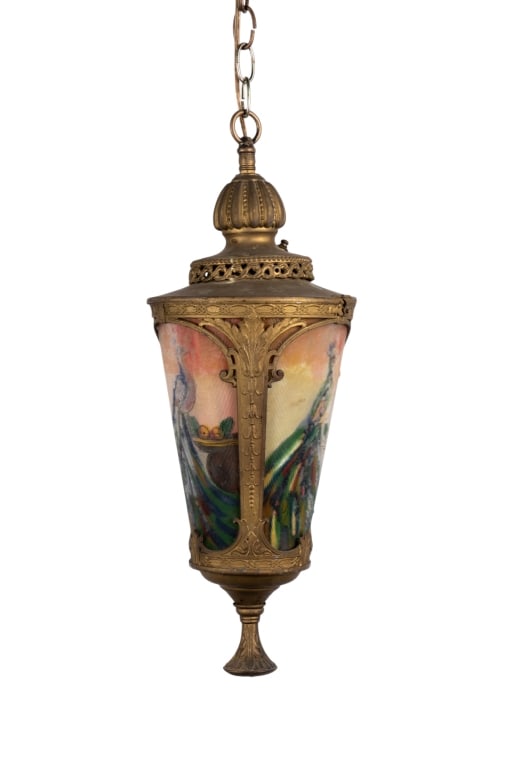 REVERSED-PAINTED PEACOCK PENDANT LIGHT: Reversed-painted peacock pendant light. Approximate dimensions: h. 21", dia. 8" Disclaimer: Participating bidders must have a credit card on file with LiveAuctioneers in order for their bidding