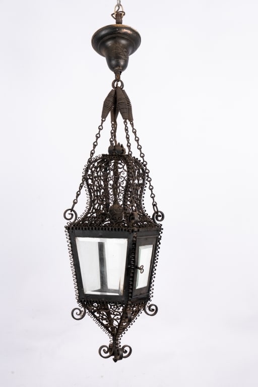 ARTS & CRAFTS IRON FILIGREE PENDANT LANTERN - 2
