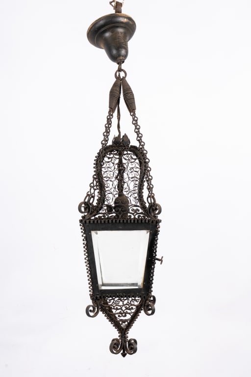 ARTS & CRAFTS IRON FILIGREE PENDANT LANTERN - 3