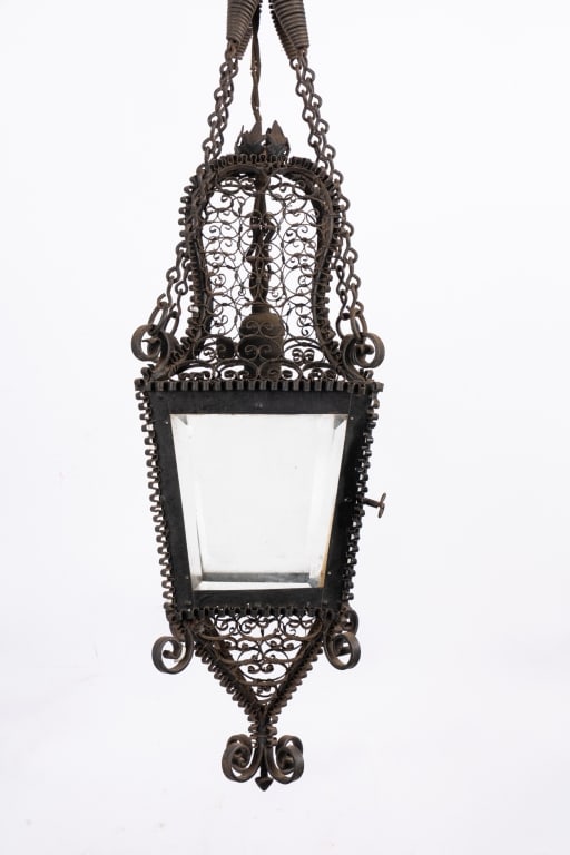 ARTS & CRAFTS IRON FILIGREE PENDANT LANTERN - 4