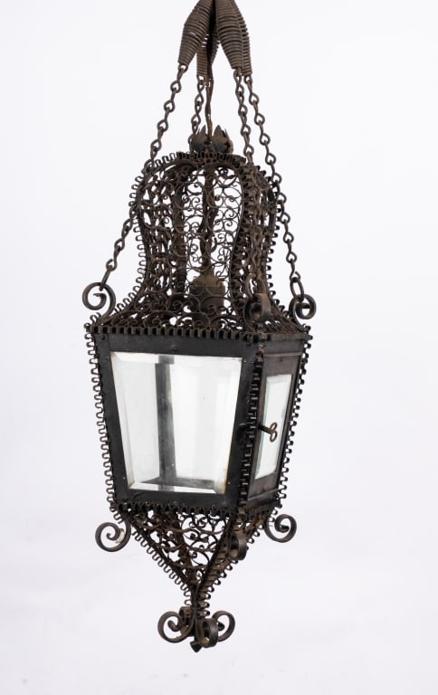 ARTS & CRAFTS IRON FILIGREE PENDANT LANTERN - 7