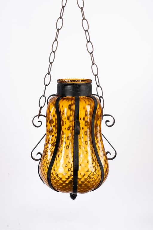 WROUGHT IRON & SWAG AMBER GLASS PENDANT LIGHT - 2