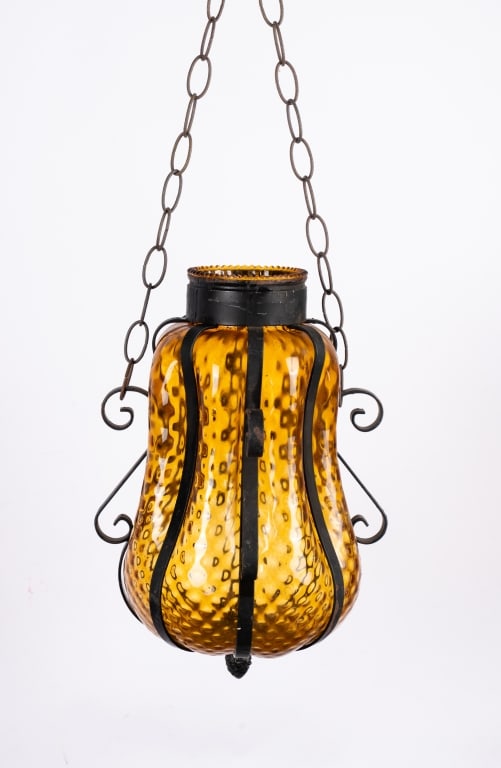 WROUGHT IRON & SWAG AMBER GLASS PENDANT LIGHT - 3