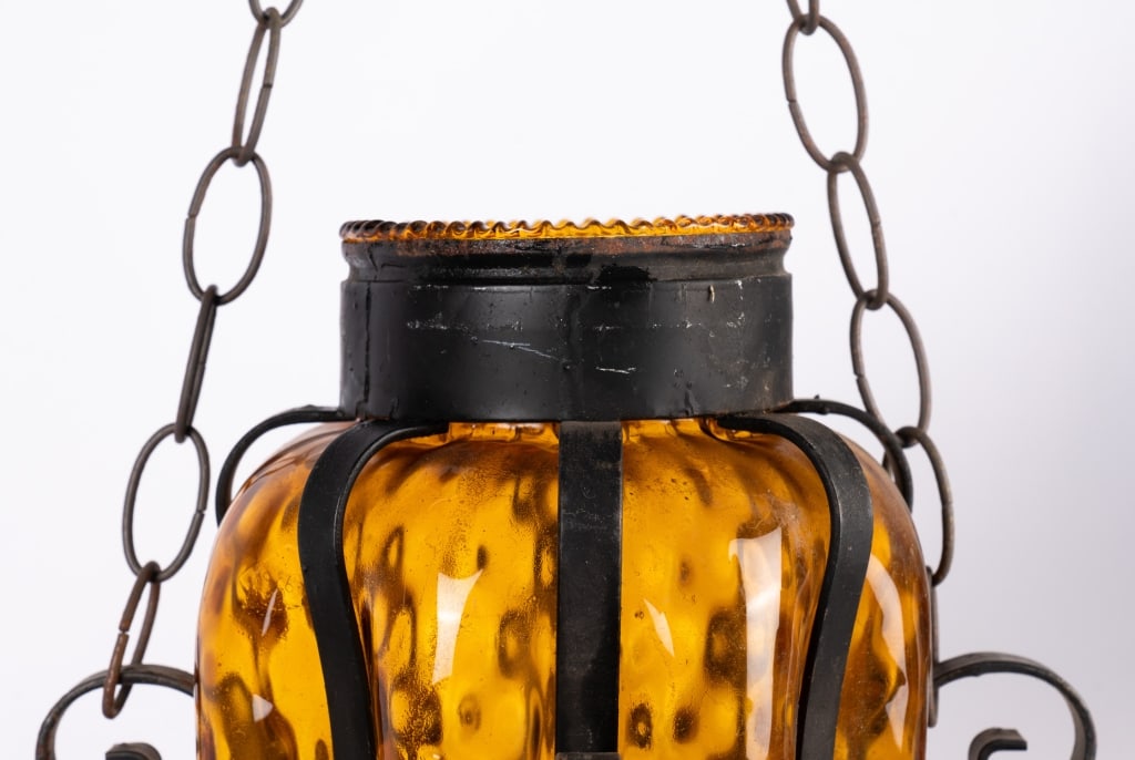 WROUGHT IRON & SWAG AMBER GLASS PENDANT LIGHT - 5