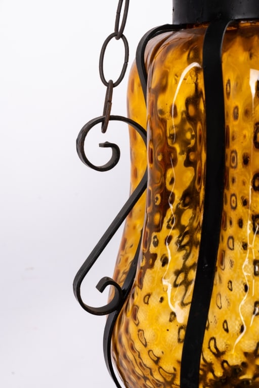 WROUGHT IRON & SWAG AMBER GLASS PENDANT LIGHT - 6