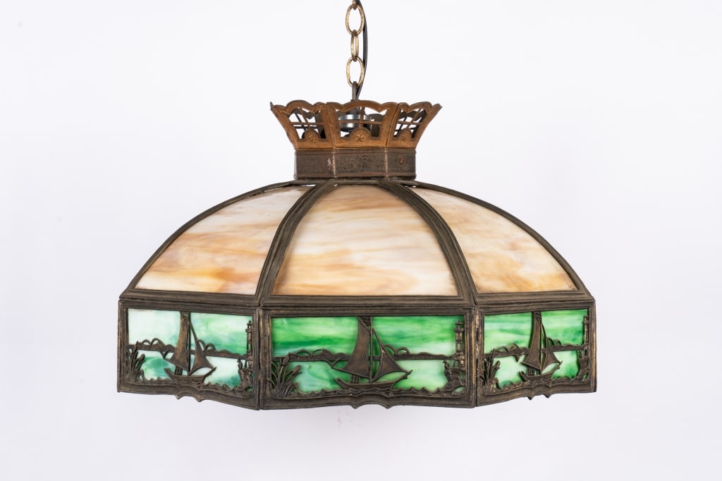 ARTS & CRAFTS GLASS & BRONZE LIGHT FIXTURE - 2