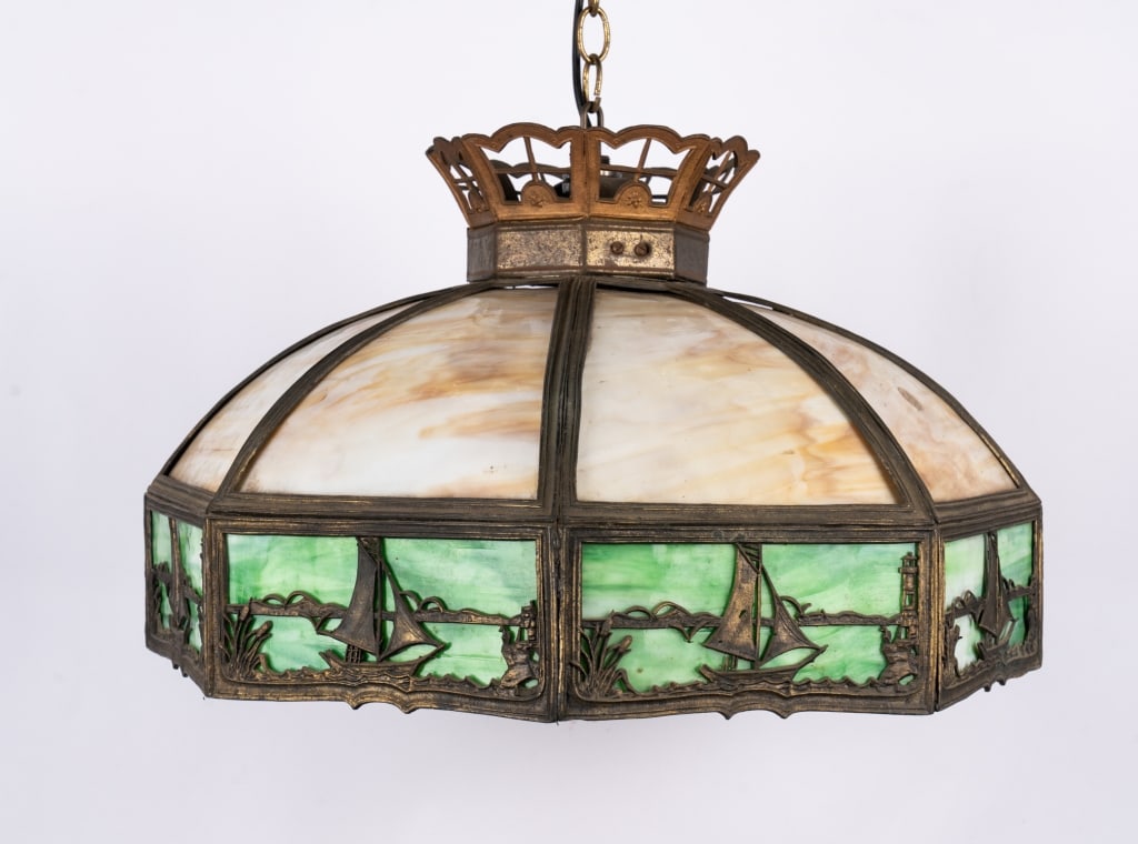 ARTS & CRAFTS GLASS & BRONZE LIGHT FIXTURE - 7