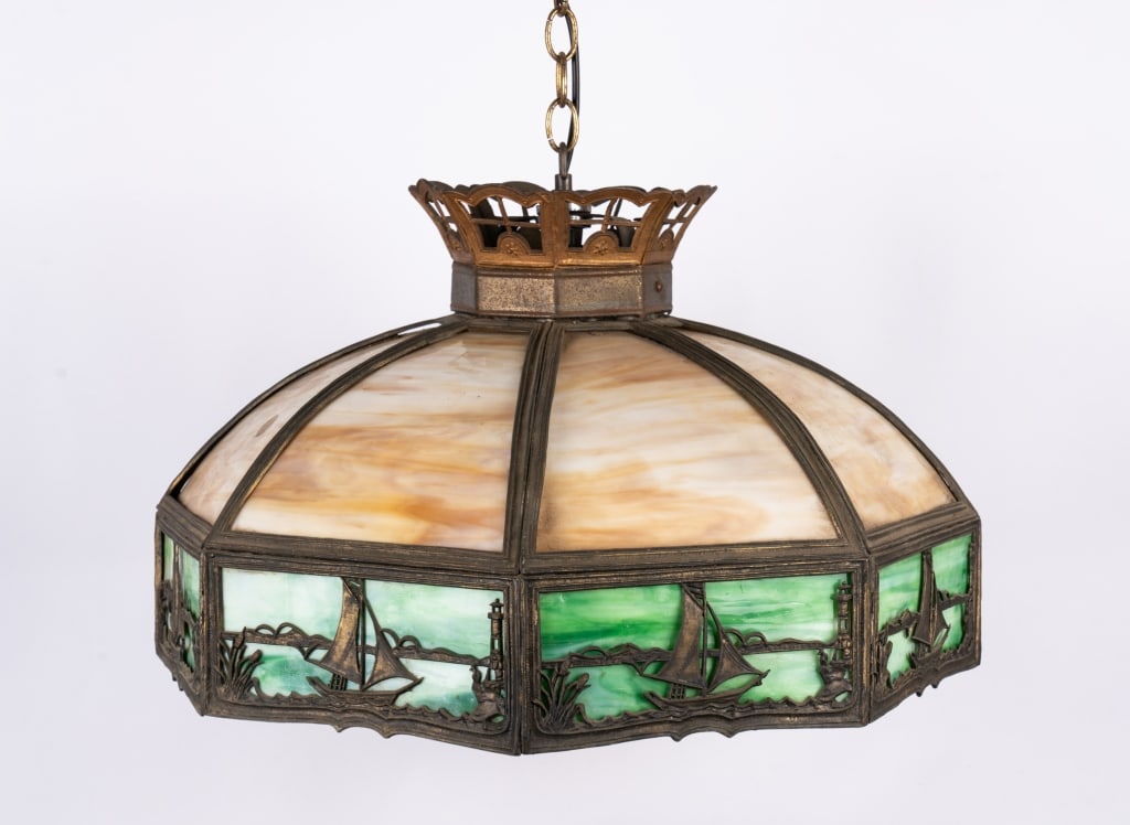 ARTS & CRAFTS GLASS & BRONZE LIGHT FIXTURE - 8