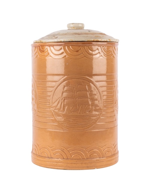 VINTAGE LIDDED JAR WITH SHIP MOTIF: Vintage lidded jar with ship motif. Apparently unmarked. Approximate dimensions: h. 15", dia. 10" Disclaimer: Participating bidders must have a credit card on file with LiveAuctioneers in order for th