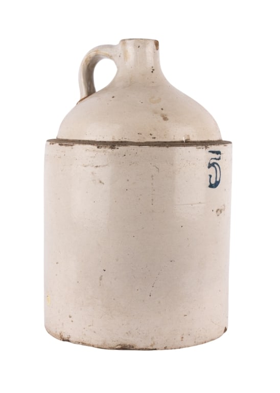VINTAGE WHITE GLAZED STONEWARE MILK JUG: Vintage white glazed stoneware milk jug. Apparently unmarked. Approximate dimensions: h. 18", dia. 11.5" Disclaimer: Participating bidders must have a credit card on file with LiveAuctioneers in