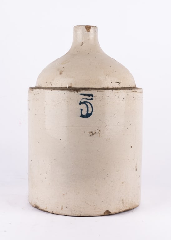 ANTIQUE WHITE GLAZED STONEWARE 5 GALLON MILK JUG - 2