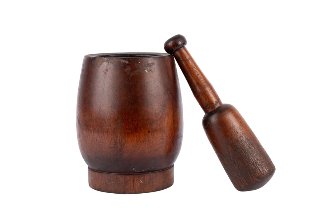 VINTAGE MORTAR & PESTLE: Vintage mortar and pestle, apparently unmarked. Approximate dimensions: h. 7.5", dia. 5" Disclaimer: Participating bidders must have a credit card on file with LiveAuctioneers in order for their