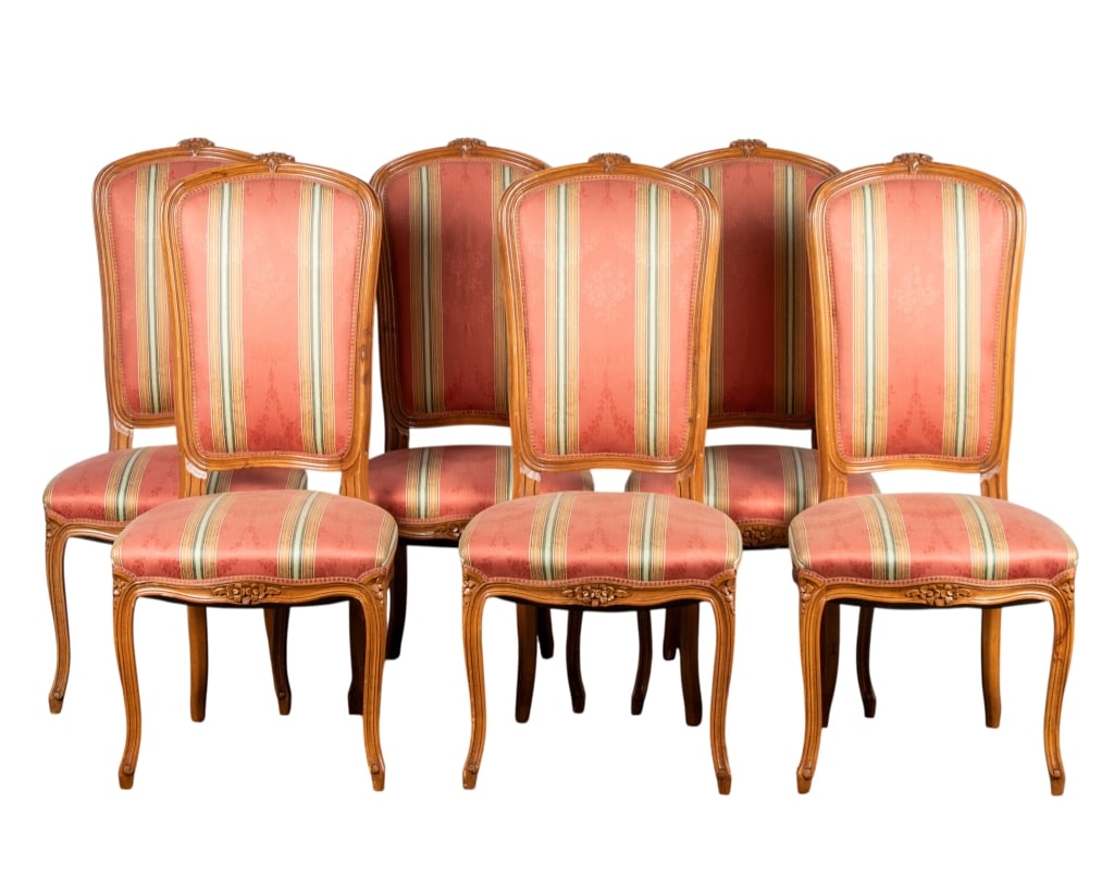 SET OF 6 FRENCH LOUIS XV STYLE DINING CHAIRS: Set of 6 French Louis XV style dining chairs with floral details and carved apron. Approximate dimensions: h. 44", w. 19", d. 18" Disclaimer: Participating bidders must have a credit card on file