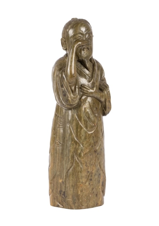 CHINESE CARVED SOAPSTONE SCULPTURE: Chinese carved soapstone sculpture. Approximate dimensions: h. 15.5" Disclaimer: Participating bidders must have a credit card on file with LiveAuctioneers in order for their bidding registration to