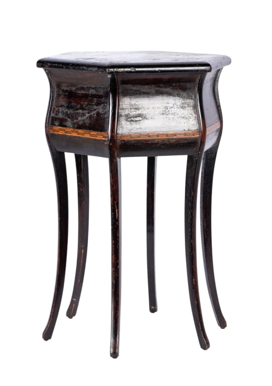 NEOCLASSICAL STYLE SMALL ACCENT TABLE: Neoclassical style small accent table. Approximate dimensions: h. 20.5", w. 12.5", d. 12.5" Disclaimer: Participating bidders must have a credit card on file with LiveAuctioneers in order for their