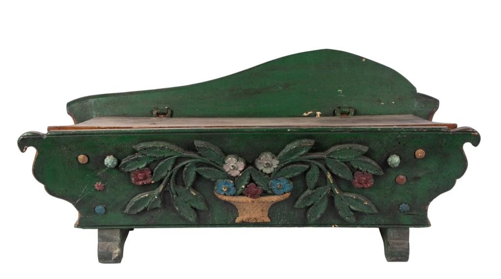 FOLK ART HAND-PAINTED CASSAPANCA BENCH: Folk art hand-painted cassapanca bench with carved floral motif and storage. Approximate dimensions: h. 15", w. 33", d. 15" Disclaimer: Participating bidders must have a credit card on file with