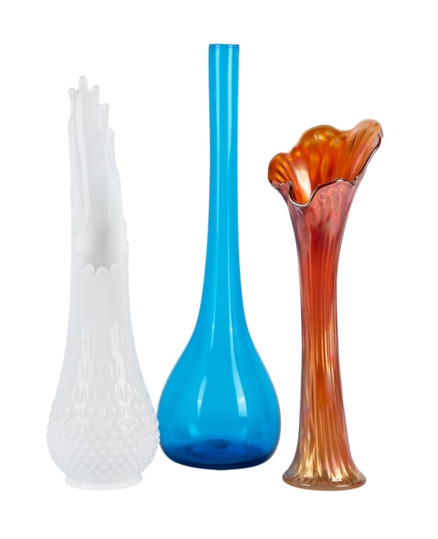 COLLECTION OF 3 MID-CENTURY GLASS VASES: Collection of 3 Mid-Century glass vases. Approximate dimensions: h. 19.5" Disclaimer: Participating bidders must have a credit card on file with LiveAuctioneers in order for their bidding