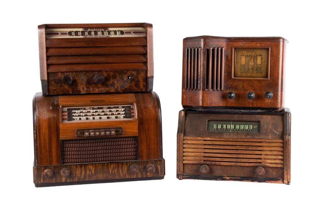 COLLECTION OF 4 VINTAGE RADIOS: Collection of 4 vintage radios including Philco, Radiola, Emerson, Air King. Approximate dimensions: h. 11", w. 15", d. 10" Disclaimer: Participating bidders must have a credit card on file with
