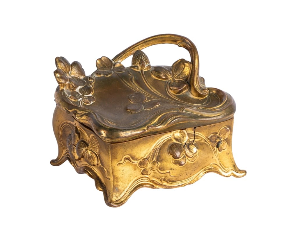 J. B. JENNINGS BROTHERS ART NOUVEAU JEWELRY BOX: J. B. Jennings Brothers Art Nouveau jewelry box. Approximate dimensions: h. 4", w. 5", d. 4" Disclaimer: Participating bidders must have a credit card on file with LiveAuctioneers in order for their b