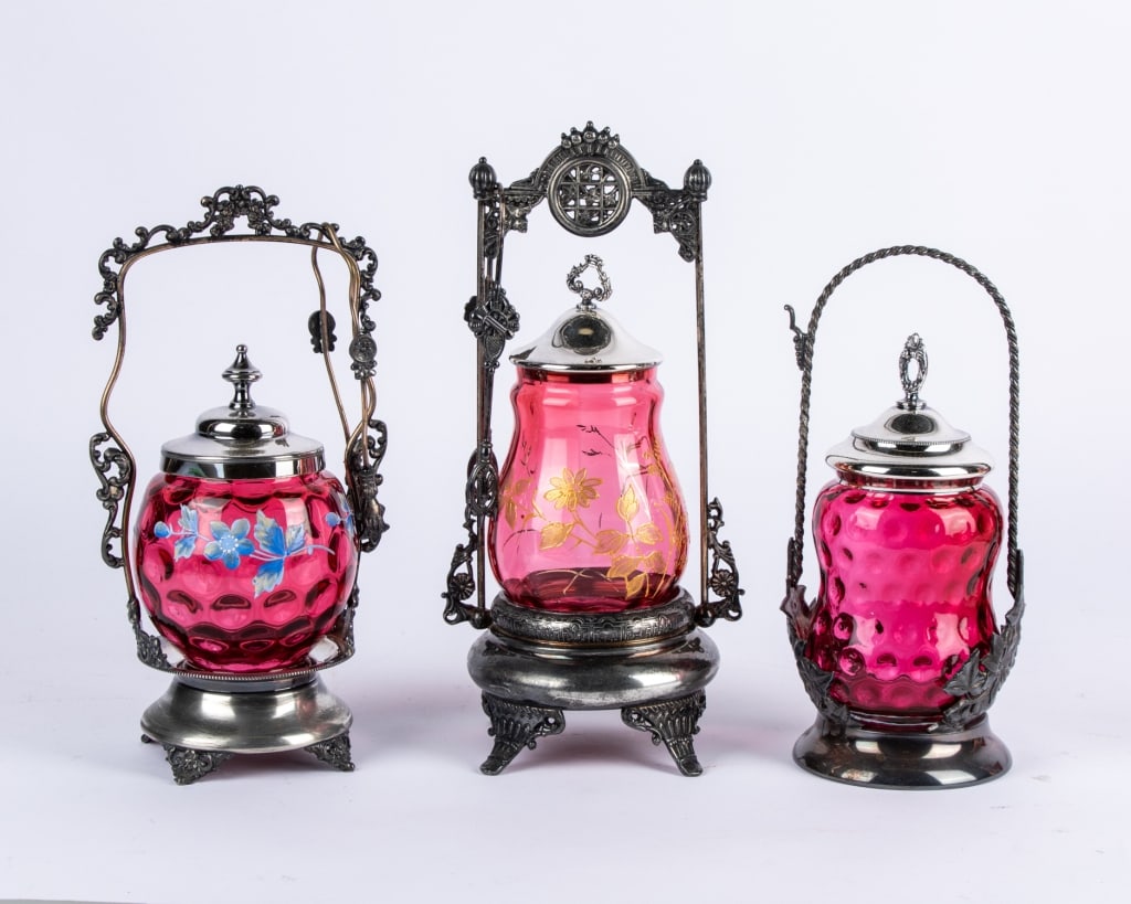 THREE VICTORIAN ART GLASS PICKLE CASTORS - 2