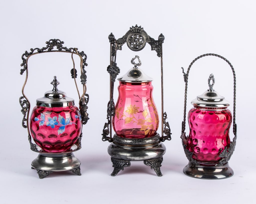 THREE VICTORIAN ART GLASS PICKLE CASTORS - 3
