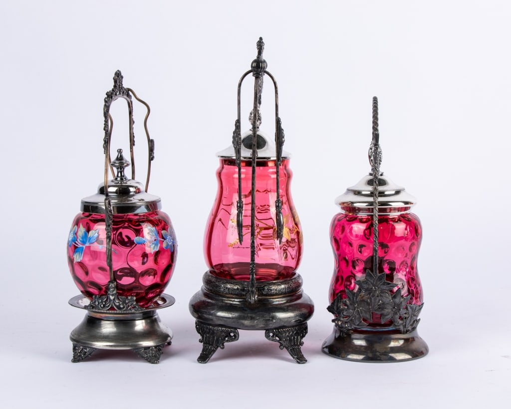 THREE VICTORIAN ART GLASS PICKLE CASTORS - 4