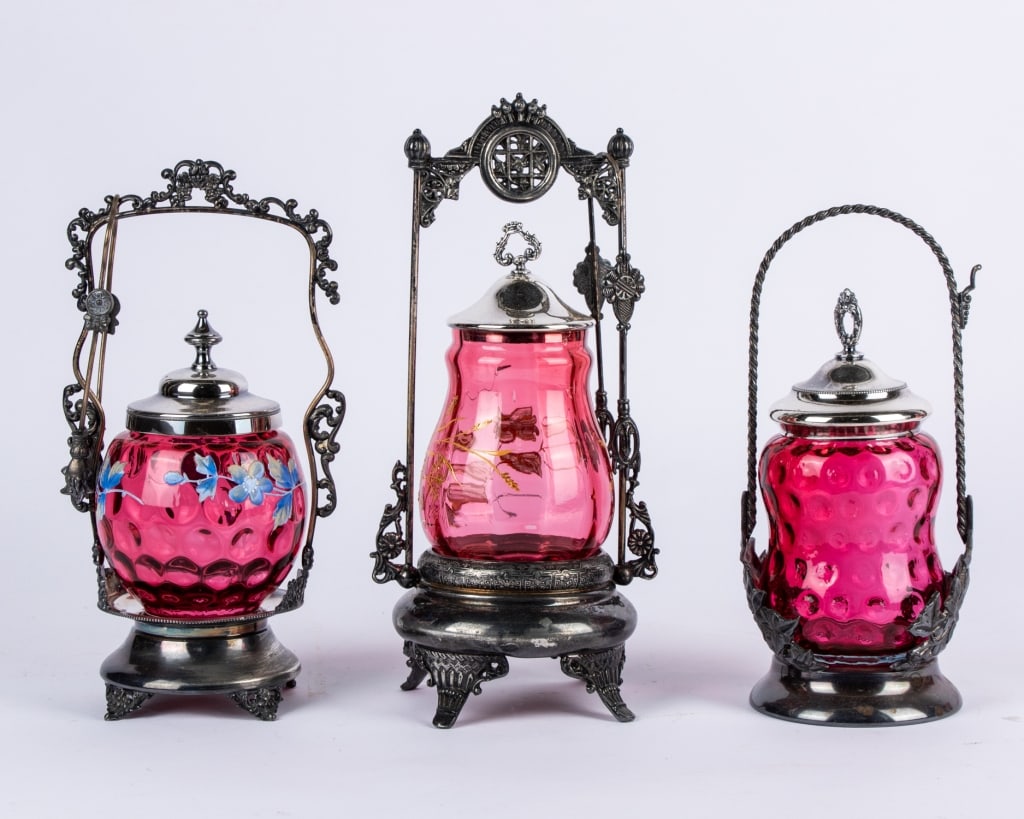 THREE VICTORIAN ART GLASS PICKLE CASTORS - 5