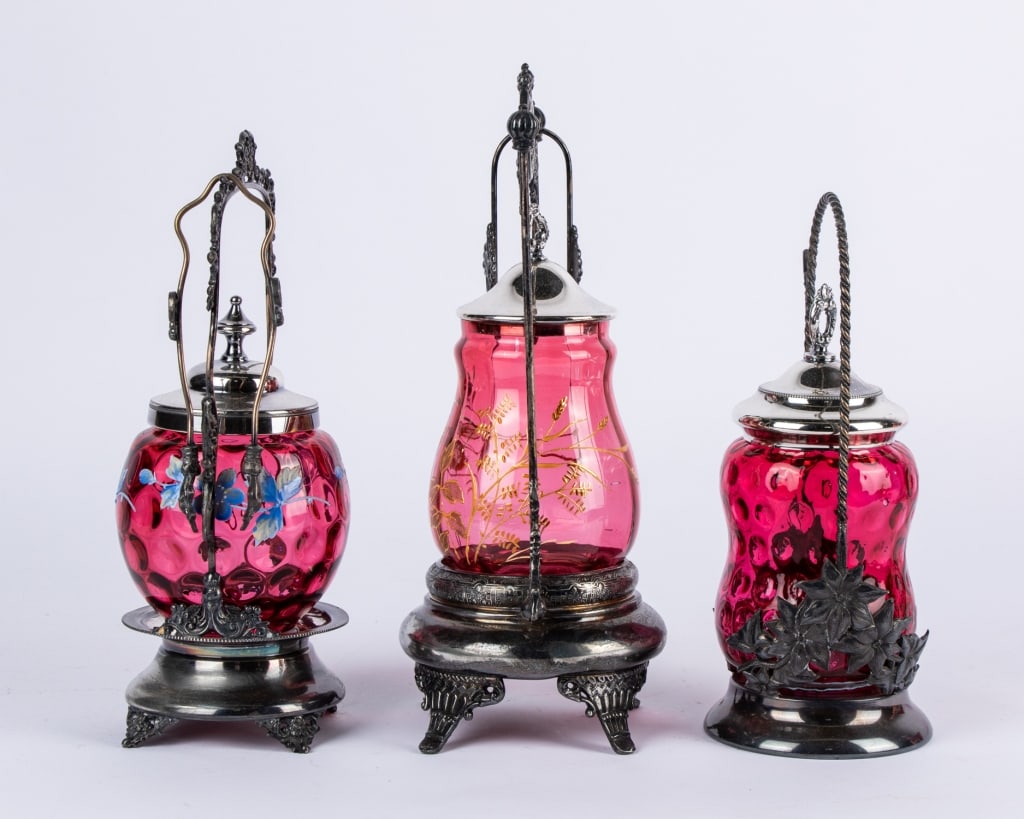 THREE VICTORIAN ART GLASS PICKLE CASTORS - 6