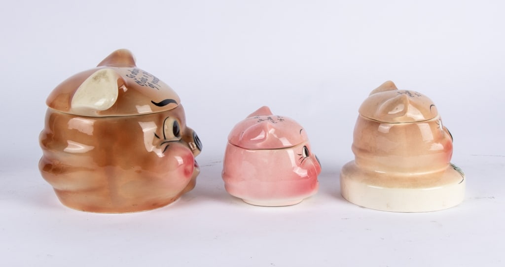 3 VINTAGE PIG COOKIE JARS & PLATTER - 6