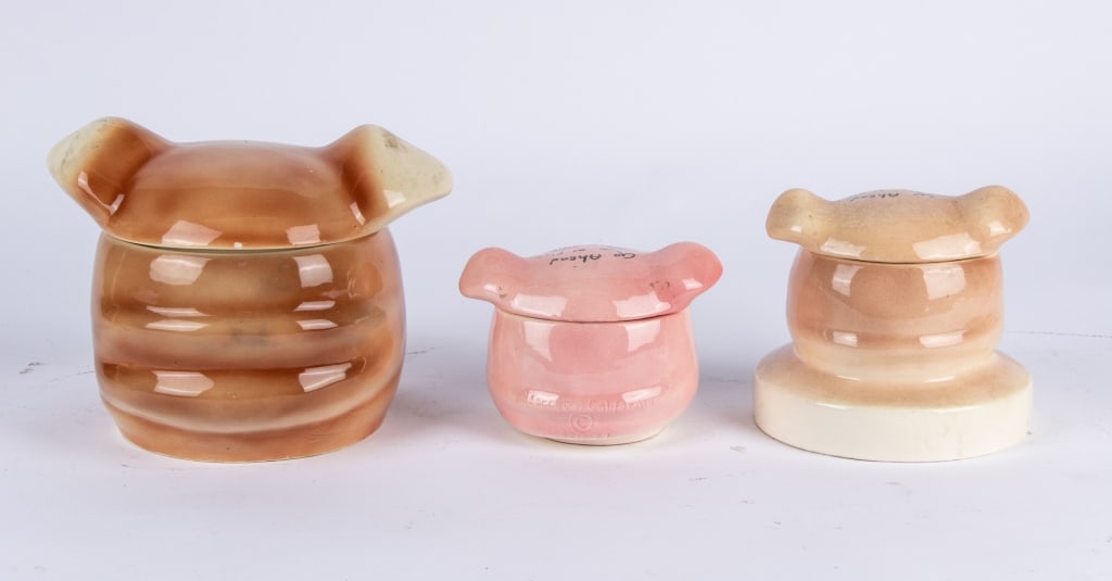 3 VINTAGE PIG COOKIE JARS & PLATTER - 7