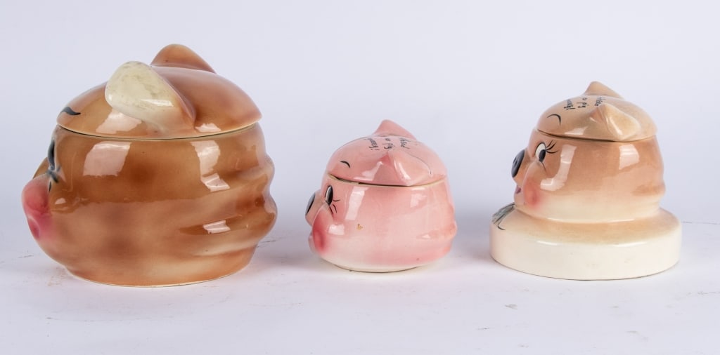 3 VINTAGE PIG COOKIE JARS & PLATTER - 8