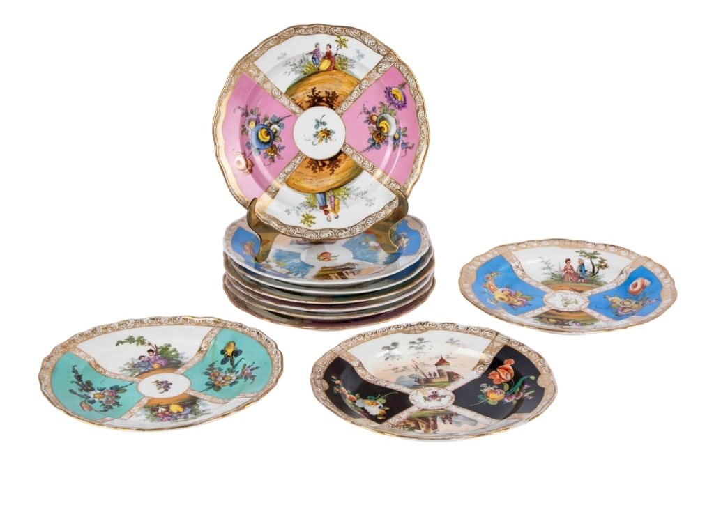 SET OF 10 MEISSEN STYLE PORCELAIN PLATES: Set Of 10 Meissen style porcelain plates. Marked to the underside. Approximate dimensions: dia. 8.25" Disclaimer: Participating bidders must have a credit card on file with LiveAuctioneers in order