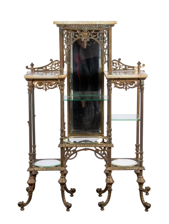 HOLLYWOOD REGENCY STYLE BRASS & ONYX ETAGERE: Hollywood Regency style brass & onyx etagere with beveled mirror back, and filigree brass details throughout. Approximate dimensions: h. 55", w. 35.5", d. 16" Disclaimer: Participating bidders must